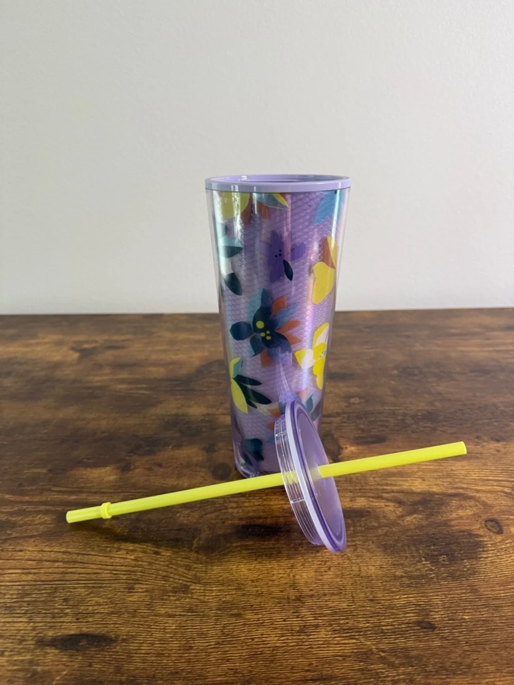 NWT Starbucks Lavender and Yellow Floral Tumbler with Yellow Straw, 24 Oz